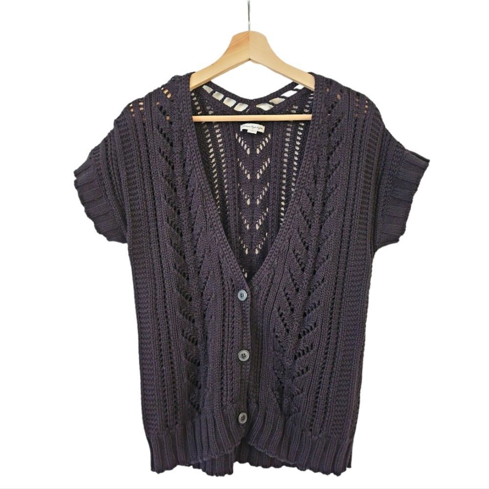 American Eagle Outfitters Open-Knit Short Sleeve Cardigan in Dark Purple